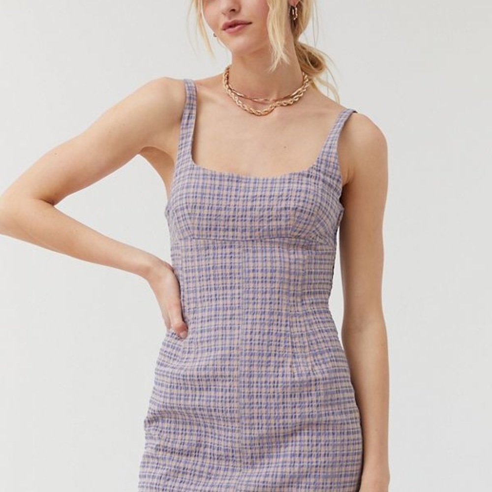 blue gingham structured mini dress